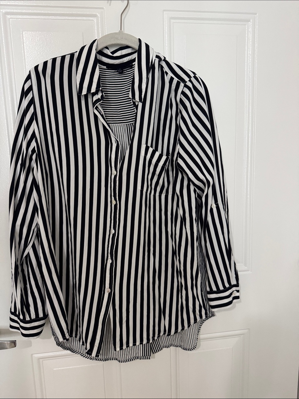 Jane and Delancey Black and White Vertical Stripe Button-Down Shirt